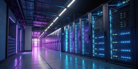 Aufkleber - A long hallway lined with rows of server racks, illuminated by vibrant blue and purple lights, creating a futuristic and modern data center aesthetic.