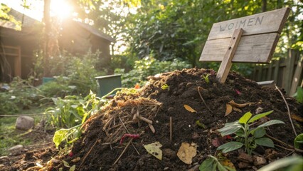 Aufkleber - A rustic wooden sign with the word Women misspelled leans against a compost pile in a backyard garden, bathed in the warm glow of the setting sun.