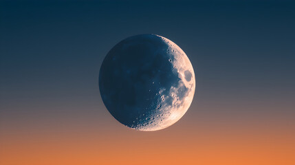 Wall Mural - A stunning crescent moon hangs in a twilight sky, showcasing intricate surface details against a gradient backdrop of deep blue and orange hues.