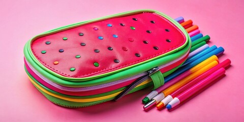 Poster - A bright pink watermelon-shaped pencil case with a zipper sits on a pink surface next to a colorful assortment of writing utensils.