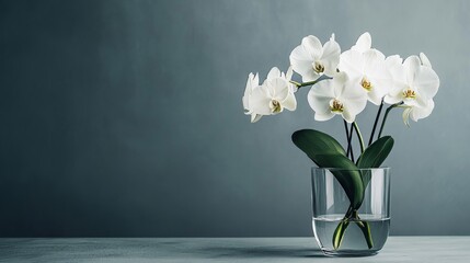 Poster - Elegant white orchids nestled in a modern glass vase against a minimalist gray backdrop, close-up shot, Contemporary style