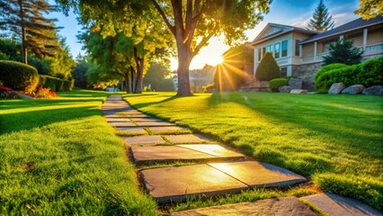 Poster - A stone path meanders through a lush green lawn, bathed in the warm glow of the setting sun, with a stately house in the background