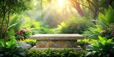 Poster - Stone Platform Set Amidst Lush Greenery with Sunbeams Filtering Through the Leaves