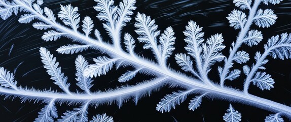 Macro photograph, intricate frost pattern, delicate ice crystals, fern-like structure, winter details, black background, cold temperature, nature's artwork, symmetry in nature, frozen beauty, high con