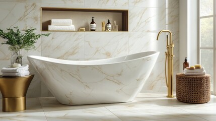 Wall Mural - Luxury Marble Bathroom with Gold Accents: A Modern Spa Retreat