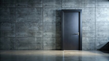 Poster - A solitary black door set against a backdrop of raw concrete, a minimalist composition that evokes a sense of mystery and intrigue.