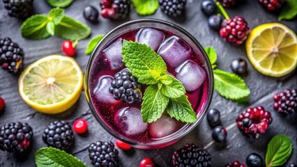 Poster - A refreshing summer drink with a vibrant purple hue, garnished with fresh mint and ice cubes, surrounded by juicy blackberries, blueberries, and a slice of lemon, perfect for a hot day.