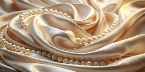 Poster - A string of pearls lies delicately atop a luxurious satin fabric, creating a soft and elegant visual composition.