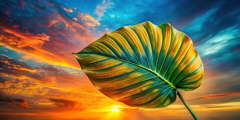 Fototapete - A large green leaf with prominent veins, backlit by a vivid sunset sky, creating a dramatic contrast of color and texture.