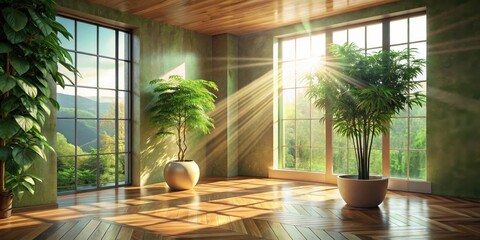 Aufkleber - Sunlight streams through large windows in a room with wooden floors and potted plants, casting long shadows on the wall.