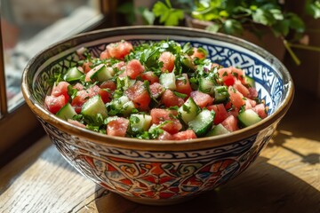 Sticker - Fresh watermelon and cucumber salad featuring mint served in a decorative bowl for a refreshing summer dish