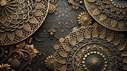 Aufkleber - Intricate Gold Filigree Pattern with Delicate Floral Motifs and Geometric Shapes on a Dark Background