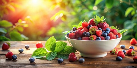 Aufkleber - A bowl of fresh summer berries with leaves scattered on a wooden surface, bathed in warm sunlight