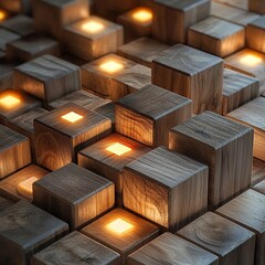 Poster - Illuminated wooden blocks art installation modern gallery photography indoor close-up contemporary design concepts