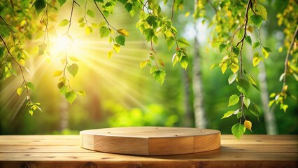 Poster - A circular wooden table with a wooden round platform, set in front of a blurred background of green foliage and bright sunlight peeking through the branches.