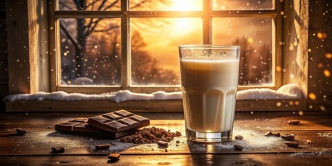 Poster - A Glass of Milk, Chocolate Bars, and Crumbled Cookies by a Window with Falling Snow
