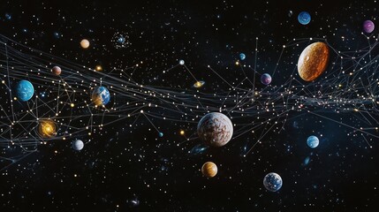 Wall Mural - connected planets and stars in deep space.