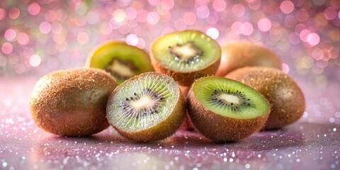 Poster - A close-up of glistening green kiwi fruit halves and whole kiwis on a sparkly pink background.