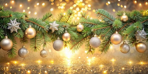 Poster - A Festive Branch Adorned with Shiny Silver and Gold Ornaments, Glimmering with Warm Lights and Sparkling Glitter