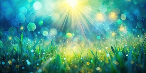 Aufkleber - A magical field of green grass illuminated by a radiant sun shining through a soft blue haze with twinkling lights