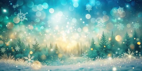 Aufkleber - A magical winter wonderland with a bokeh effect and falling snowflakes over a snowy forest.