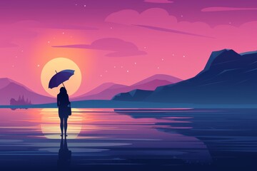 Poster - Stylized girl with umbrella on smooth gradient background from light to dark in contrasting shade