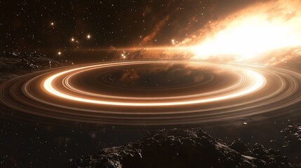 Wall Mural - a stunning cosmic scene featuring a planet with rings and a distant star explosion.