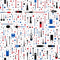 Poster - Minimalist silhouettes of office supplies in primary colors on white background   seamless design