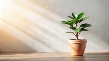 Aufkleber - A potted plant with vibrant green leaves basking in the warm glow of sunlight streaming through a window onto a wooden tabletop