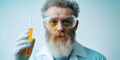 Aufkleber - A scientist with a colorful test tube in a laboratory setting. The image shows a focused individual in a white lab coat and protective gear. A serious investigation is taking place. AI