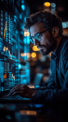 Poster - man analyzing data driven marketing insights on laptop with rising blue statistical graphics