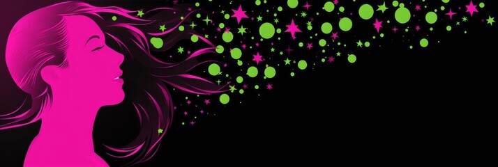 Poster - Serene head outline in purple filled with neon dots on a calm green background for harmony