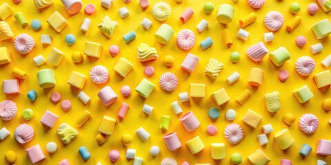 Poster - A vibrant arrangement of pastel-colored marshmallows scattered across a sunny yellow backdrop, creating a playful and delightful visual feast.