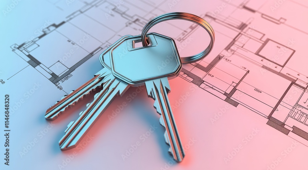 Build Key Three keys resting on a detailed architectural blueprint showcasing the ...