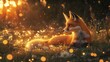 © Hajiyev - A Fox Lounging in a Meadow Under Glowing Fireflies at Twilight, Creating a Dreamlike and Serene Atmosphere, Perfect for Fantasy Art, Wildlife Illustrations, and Mystical Nature Scenes