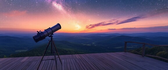 Wall Mural - a telescope overlooking a scenic landscape at sunset, ideal for stargazing.