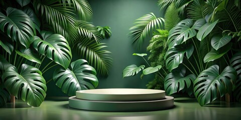 Poster - A Serene and Minimalist Presentation Platform Adorned with Lush Tropical Foliage in a Verdant Setting