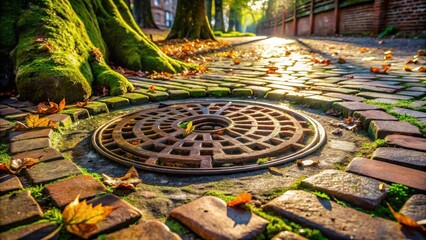Aufkleber - A circular sewer grate embedded in a cobblestone street, surrounded by fallen leaves, moss and sunlight.