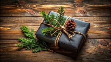 Poster - A simple gift wrapped in black paper with a pine bough and a pine cone, tied with twine, on a rustic wood surface