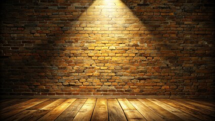 Poster - A single spotlight illuminating a weathered brick wall above a wooden floor