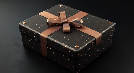 Wall Mural - Elegant black gift box adorned with a shiny ribbon against a dark background during a festive occasion