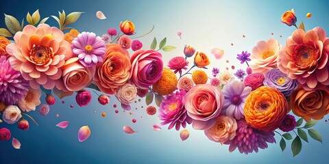 Poster - A symphony of vibrant flowers in a mesmerizing array, cascading against a soft blue background, creating a captivating floral tapestry.