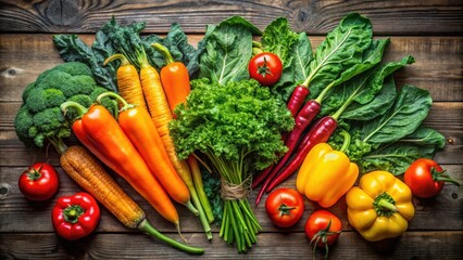 Sticker - A vibrant arrangement of fresh vegetables on a rustic wooden surface, showcasing a symphony of colors and textures, from the vibrant red peppers to the delicate green leaves.