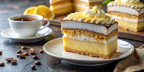 Poster - A single slice of layered cake with white icing, a cup of coffee, and scattered coffee beans on a dark table
