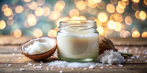 Poster - A Jar of Coconut Oil with Coconut Flakes and Salt on a Rustic Wooden Surface with a Bokeh Background
