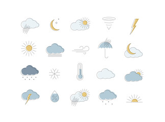 weather app icons for web drawing with color in linear style on white background