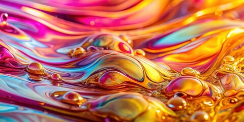 Poster - Abstract Swirling Liquid Surface with Bubbles in Vibrant Hues of Pink, Yellow, and Blue