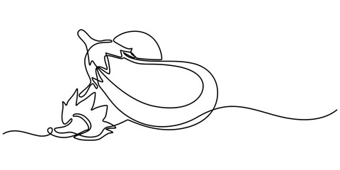 Poster - continuous line drawing eggplant illustration, Eggplant in continuous line art drawing style. Aubergine fruit black linear sketch isolated on white background. Vector illustration, One continuous line