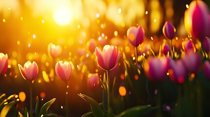 Wall Mural - Pink tulips in a spring flower field during sunset, creating a vibrant and serene floral banner.