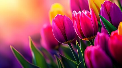 Wall Mural - Vibrant field of pink tulips during a spring sunset, creating a stunning floral banner. Copy space.